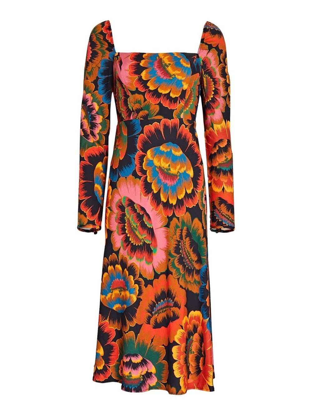 FARM Rio Colorful Flower Midi Dress S Long Sleeve Smocked Square Neck